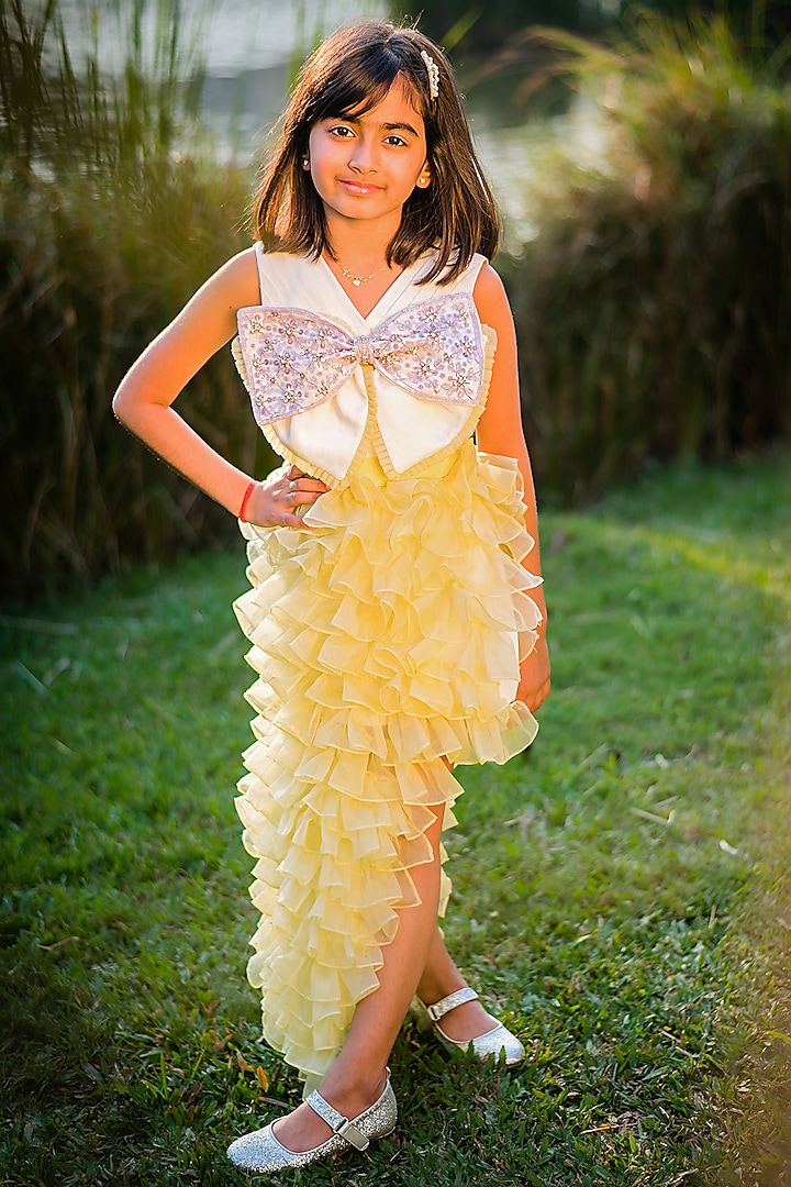 Yellow Cotton & Organza High-Low Ruffled Skirt Set For Girls by Rani kidswear