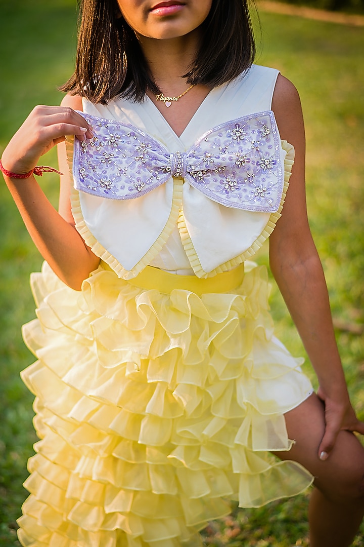 Yellow Cotton & Organza High-Low Ruffled Skirt Set For Girls by Rani kidswear at Pernia's Pop Up Shop