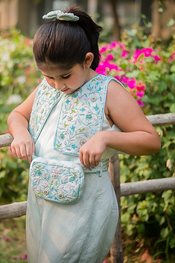 Powder Blue Linen Satin Embroidered Jumpsuit For Girls by Rani kidswear at Pernia's Pop Up Shop