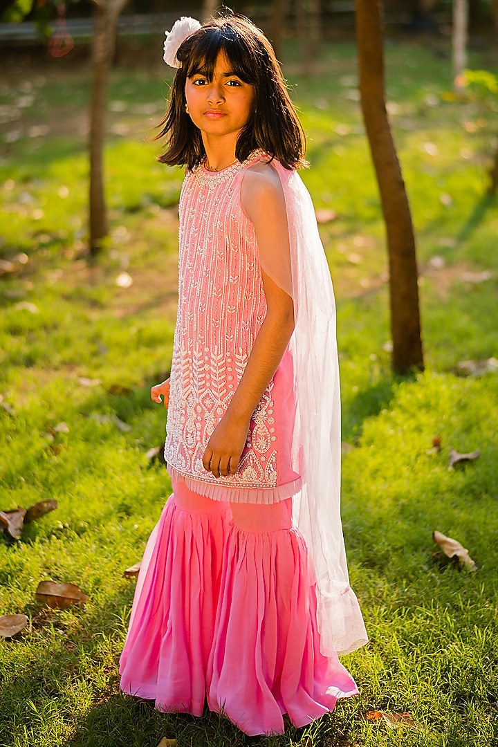 Pink Net & Georgette Sharara Set For Girls by Rani kidswear
