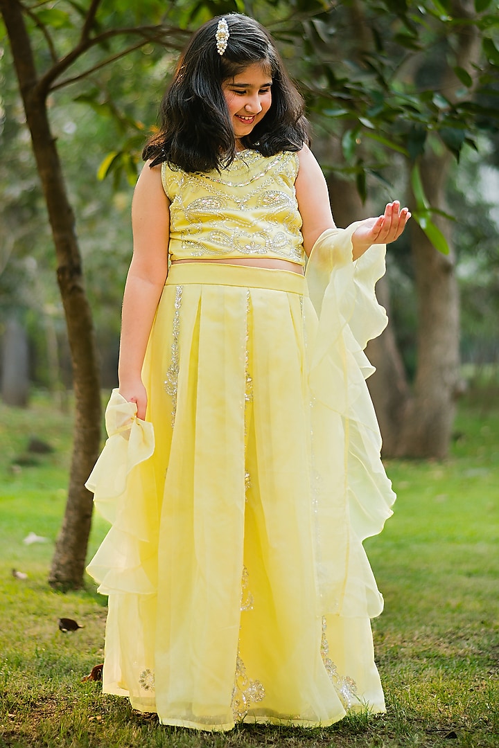 Dull Yellow Organza Embroidered Lehenga Set For Girls by Rani kidswear