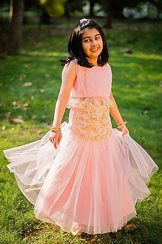 Pink Net Embroidered Drop-Waist Lehenga Set For Girls by Rani kidswear