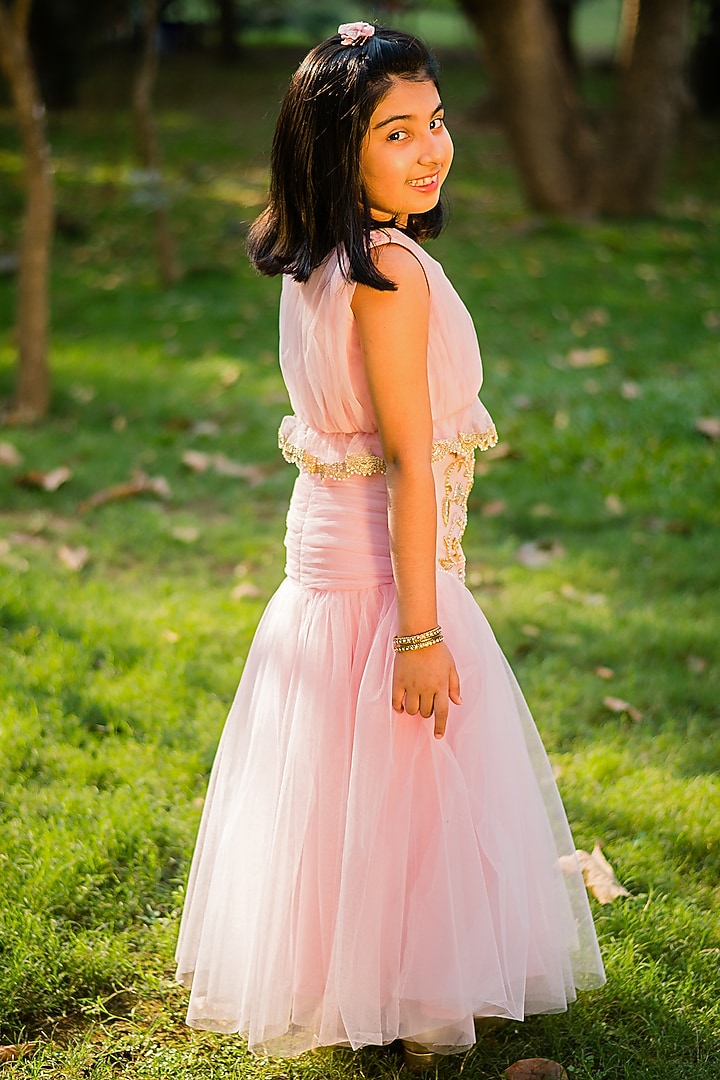 Pink Net Embroidered Drop-Waist Lehenga Set For Girls by Rani kidswear at Pernia's Pop Up Shop