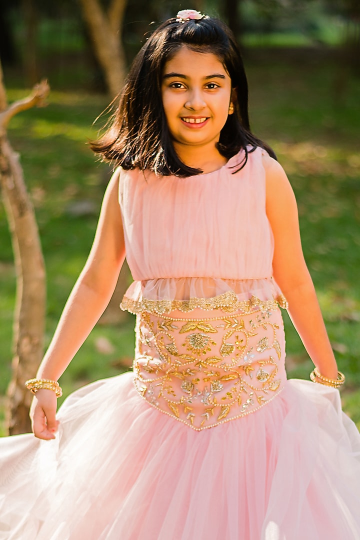 Pink Net Embroidered Drop-Waist Lehenga Set For Girls by Rani kidswear at Pernia's Pop Up Shop