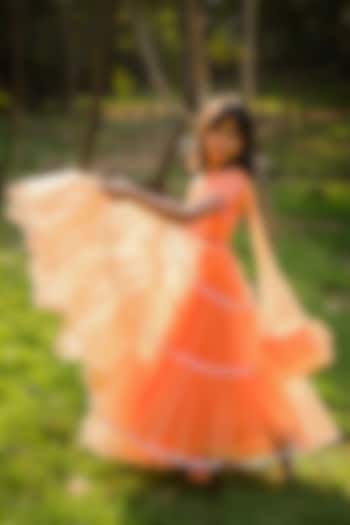 Orange Net Flared Tiered Lehenga Set For Girls by Rani kidswear