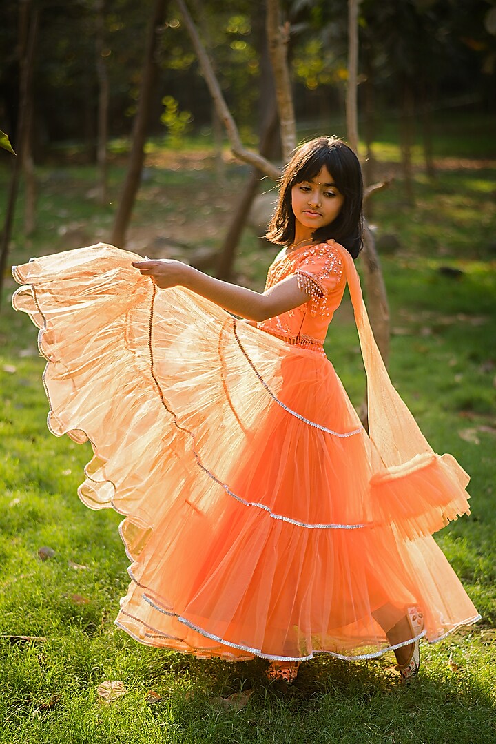 Orange Net Flared Tiered Lehenga Set For Girls by Rani kidswear
