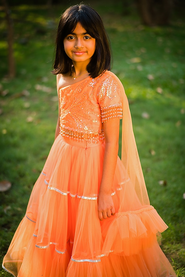Orange Net Flared Tiered Lehenga Set For Girls by Rani kidswear at Pernia's Pop Up Shop