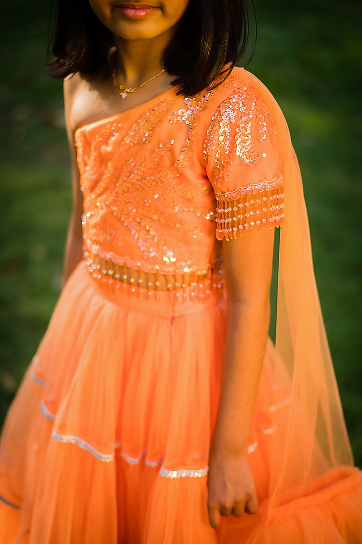 Orange Net Flared Tiered Lehenga Set For Girls by Rani kidswear at Pernia's Pop Up Shop