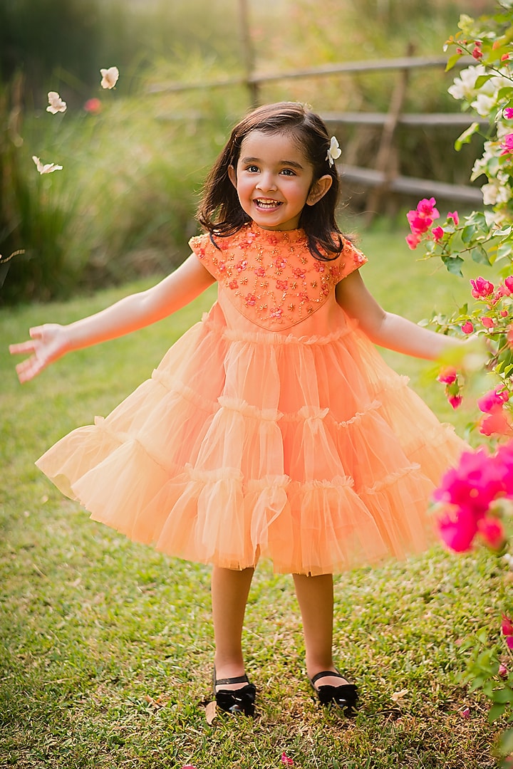 Orange Net & Tulle Embroidered Flared Tiered Dress For Girls by Rani kidswear