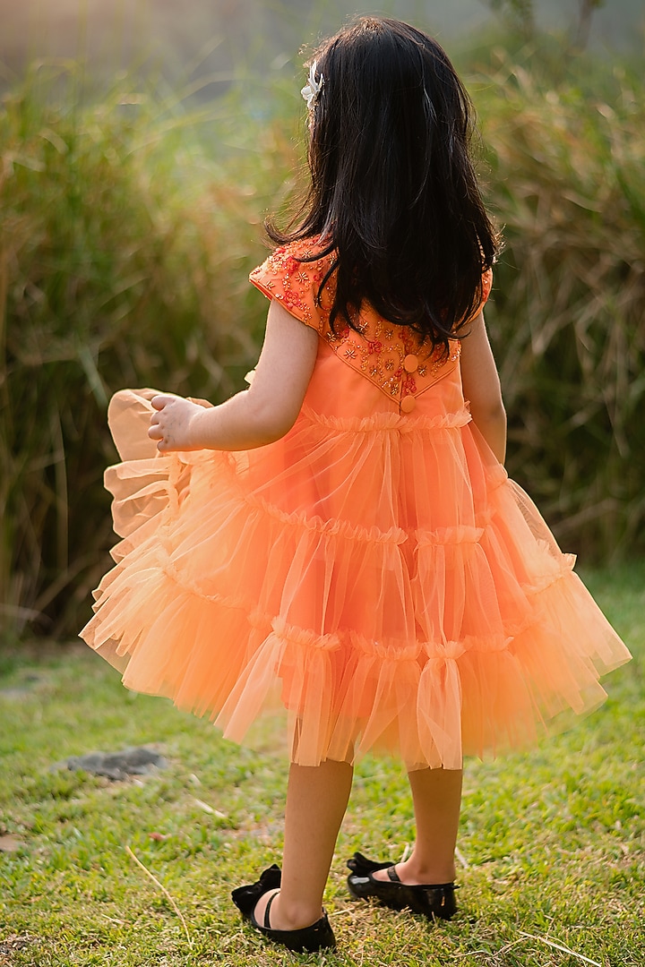Orange Net & Tulle Embroidered Flared Tiered Dress For Girls by Rani kidswear at Pernia's Pop Up Shop