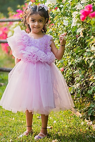 Lilac Net & Tulle Embroidered Flared Tiered Dress For Girls by Rani kidswear