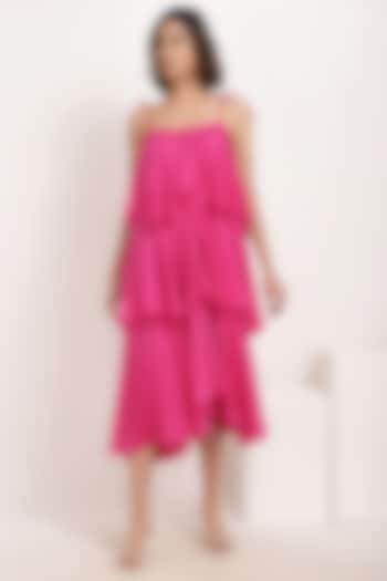 Hot Pink Ruffle-Tiered Midi Dress by Ranng