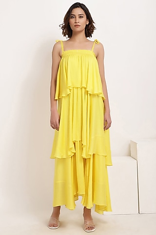 Lemon Yellow Ruffle-Tiered Maxi Dress by Ranng