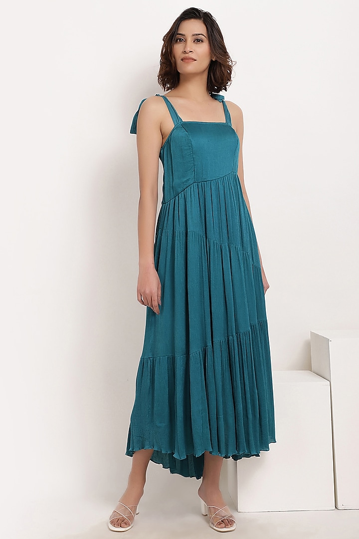 Breezy Teal Viscose Chiffon Tiered Dress by Ranng