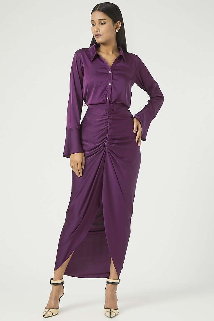 Purple Luxury Satin Dhoti Skirt Set by Ranng