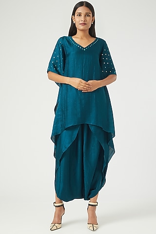 Blue Silk Satin Kurta Set by Ranng