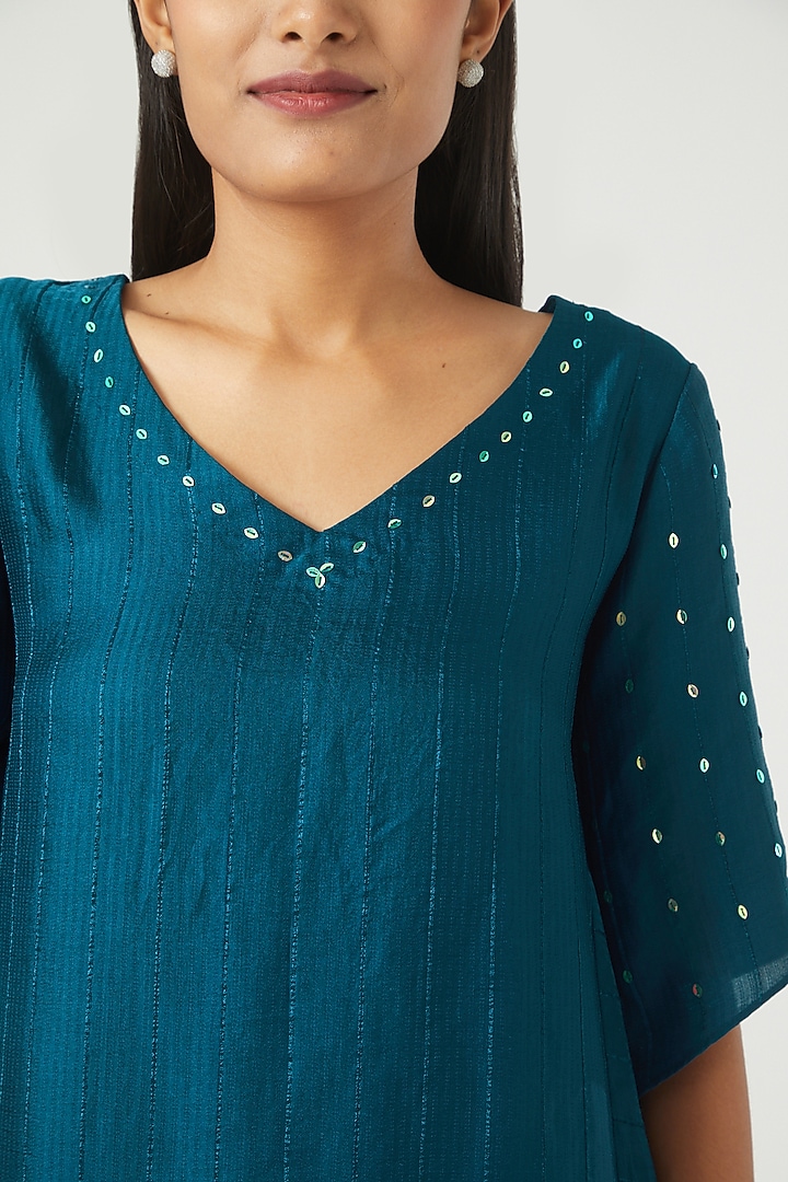 Blue Silk Satin Kurta Set by Ranng at Pernia's Pop Up Shop