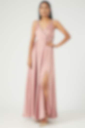 Pink Satin Overlapped Slit Gown by Ranng
