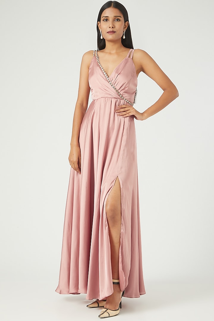 Pink Satin Overlapped Slit Gown by Ranng