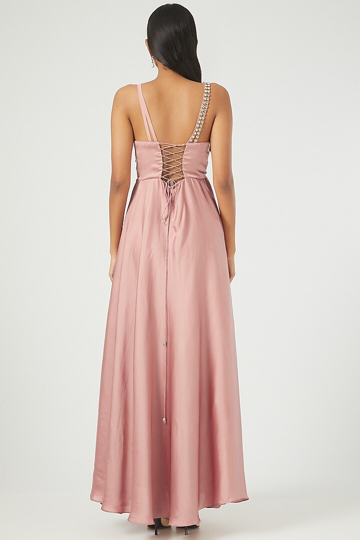 Pink Satin Overlapped Slit Gown by Ranng at Pernia's Pop Up Shop