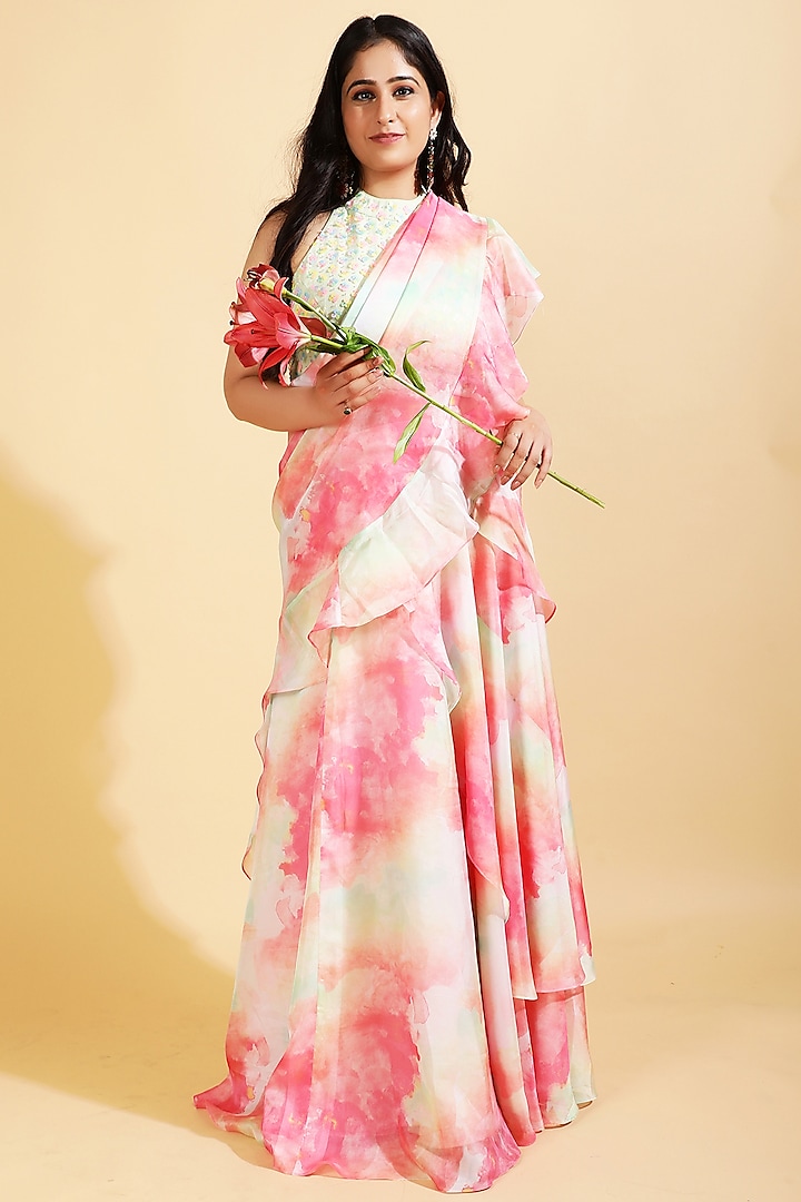 Multi-Colored Pre-Stitched Printed Saree Set by Ranng