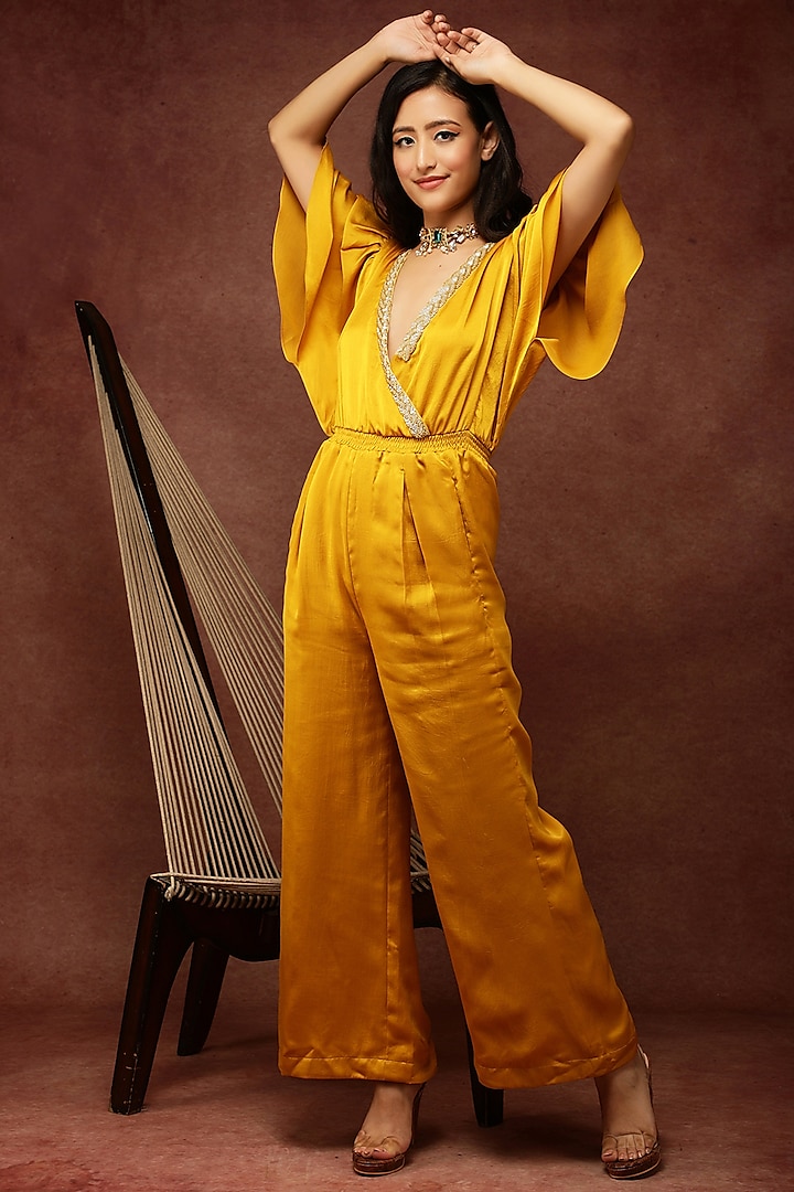 Yellow Embellished Jumpsuit by Ranng