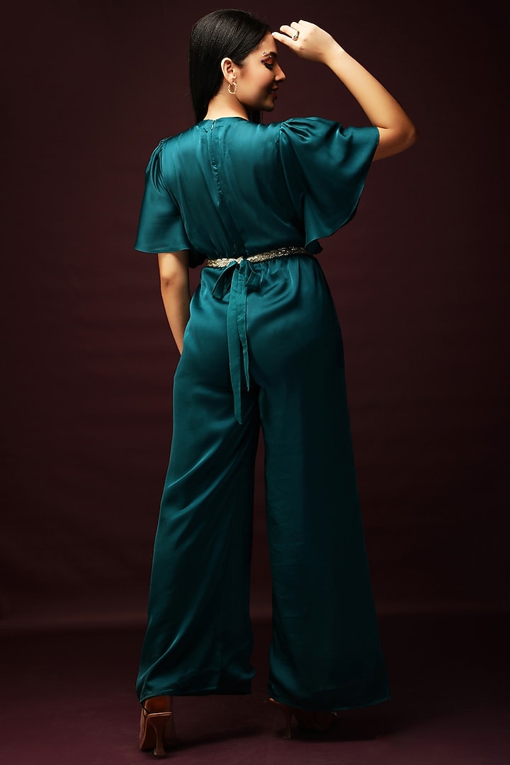 Teal Green Embellished Jumpsuit by Ranng at Pernia's Pop Up Shop