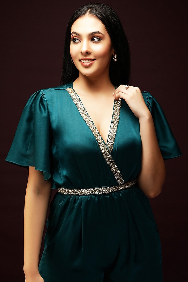 Teal Green Embellished Jumpsuit by Ranng at Pernia's Pop Up Shop