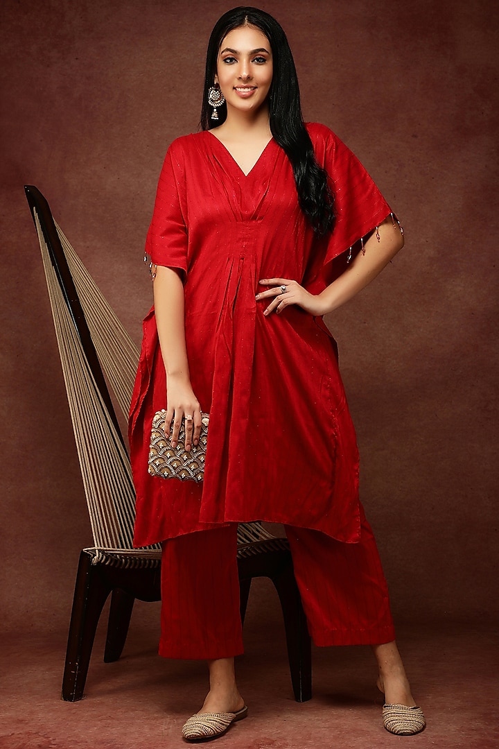 Red Semi Silk Kaftan Set by Ranng