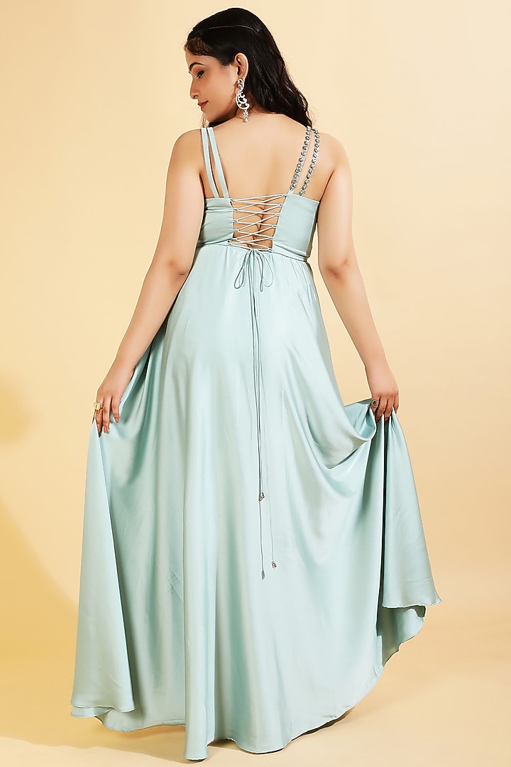 sea green satin dress Marisea Green Plunge-Neck Maxi Dress With Cape-Sleeves – Club L London main image 1