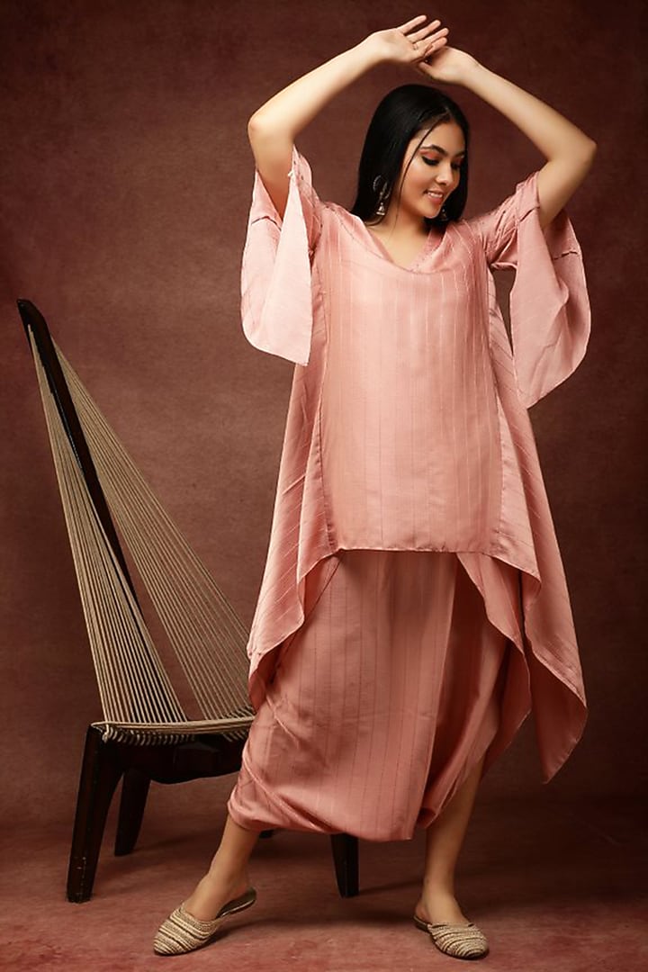 Salmon Pink Semi Silk Dhoti Set by Ranng at Pernia's Pop Up Shop