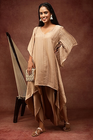Sand Semi Silk Dhoti Set by Ranng