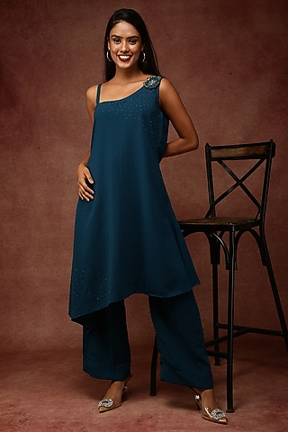 Navy Blue Spun High-Low Kurta Set by Ranng