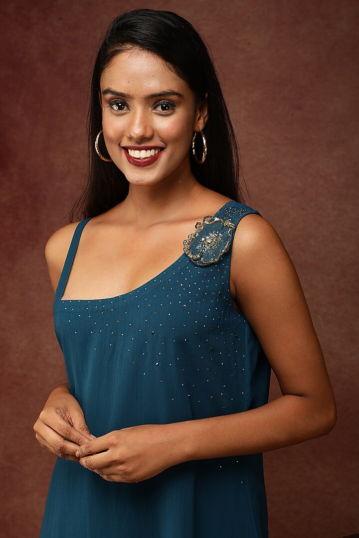 Navy Blue Spun High-Low Kurta Set by Ranng at Pernia's Pop Up Shop