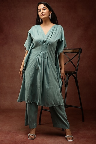 Pistachio Green Semi Silk Kaftan Set by Ranng