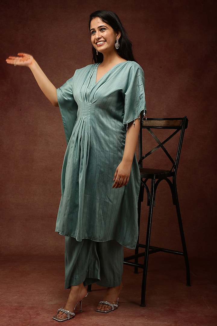Pistachio Green Semi Silk Kaftan Set by Ranng at Pernia's Pop Up Shop