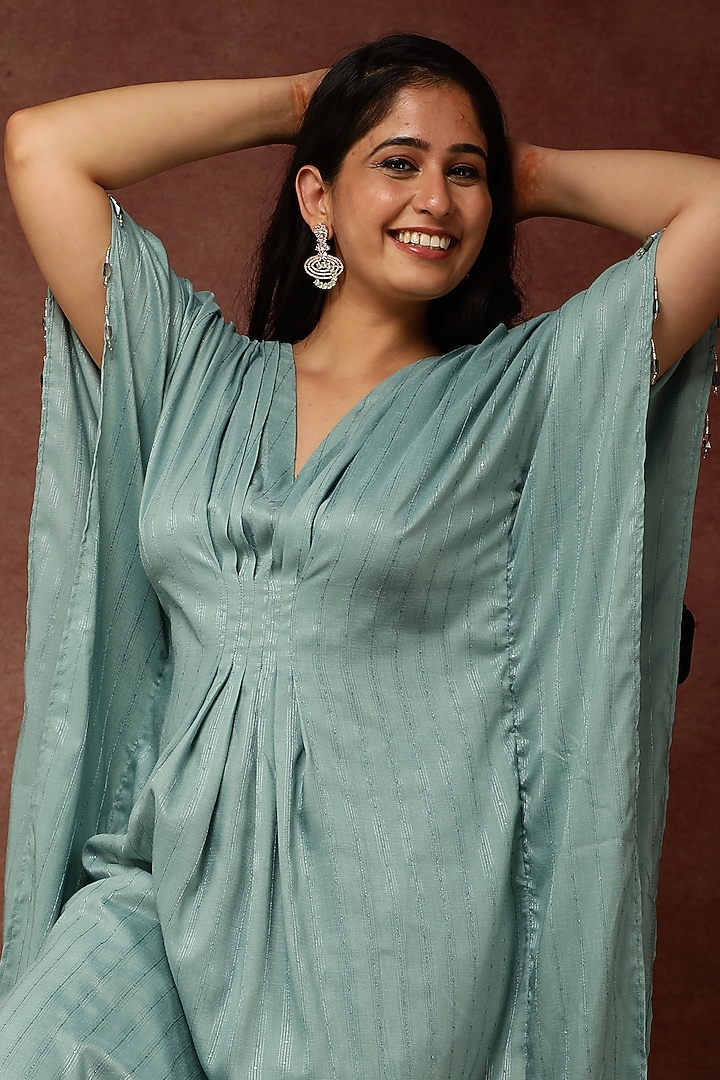 Pistachio Green Semi Silk Kaftan Set by Ranng at Pernia's Pop Up Shop