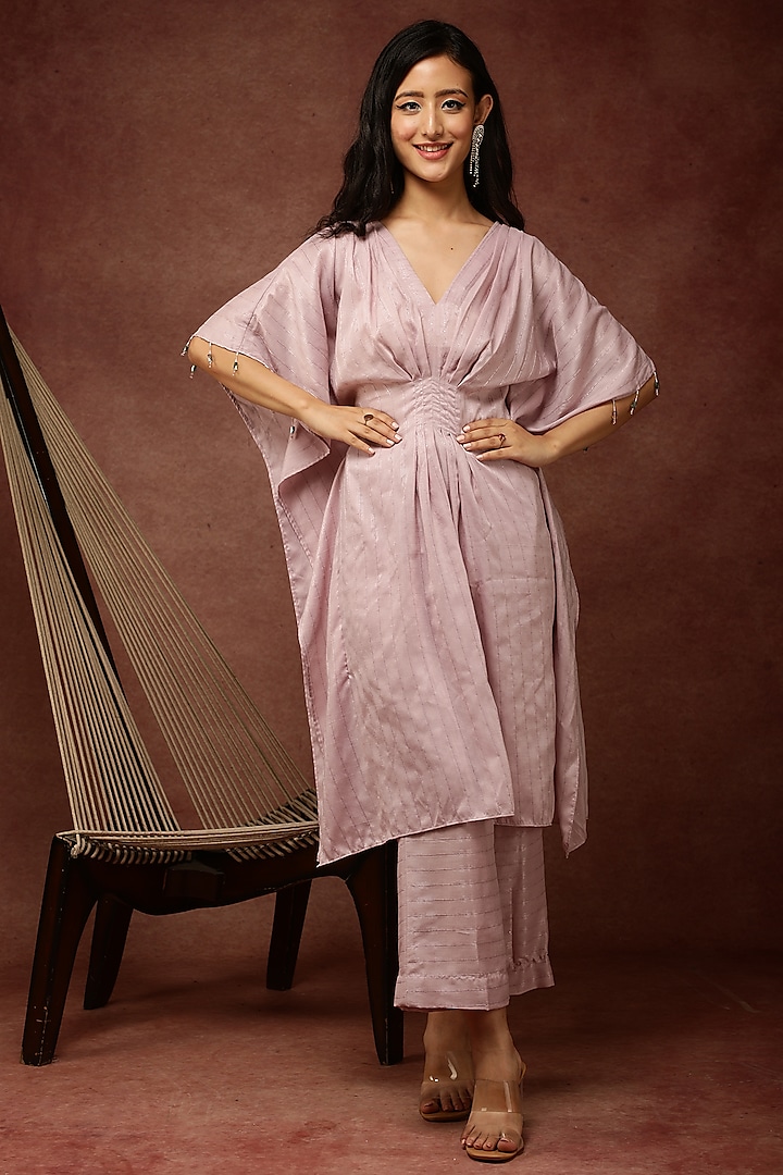 Pink Semi Silk Kaftan Set by Ranng