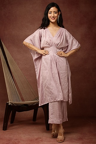 Pink Semi Silk Kaftan Set by Ranng