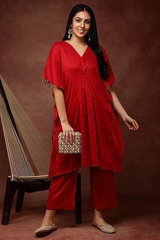 Carmine Red Semi Silk Kaftan Set by Ranng