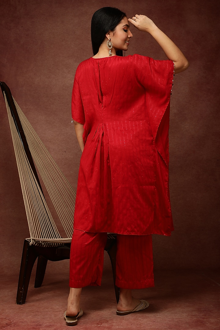 Carmine Red Semi Silk Kaftan Set by Ranng at Pernia's Pop Up Shop