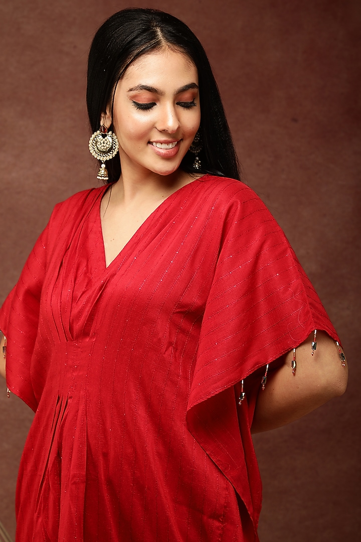 Carmine Red Semi Silk Kaftan Set by Ranng at Pernia's Pop Up Shop