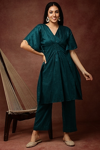 Teal Green Semi Silk Kaftan Set by Ranng