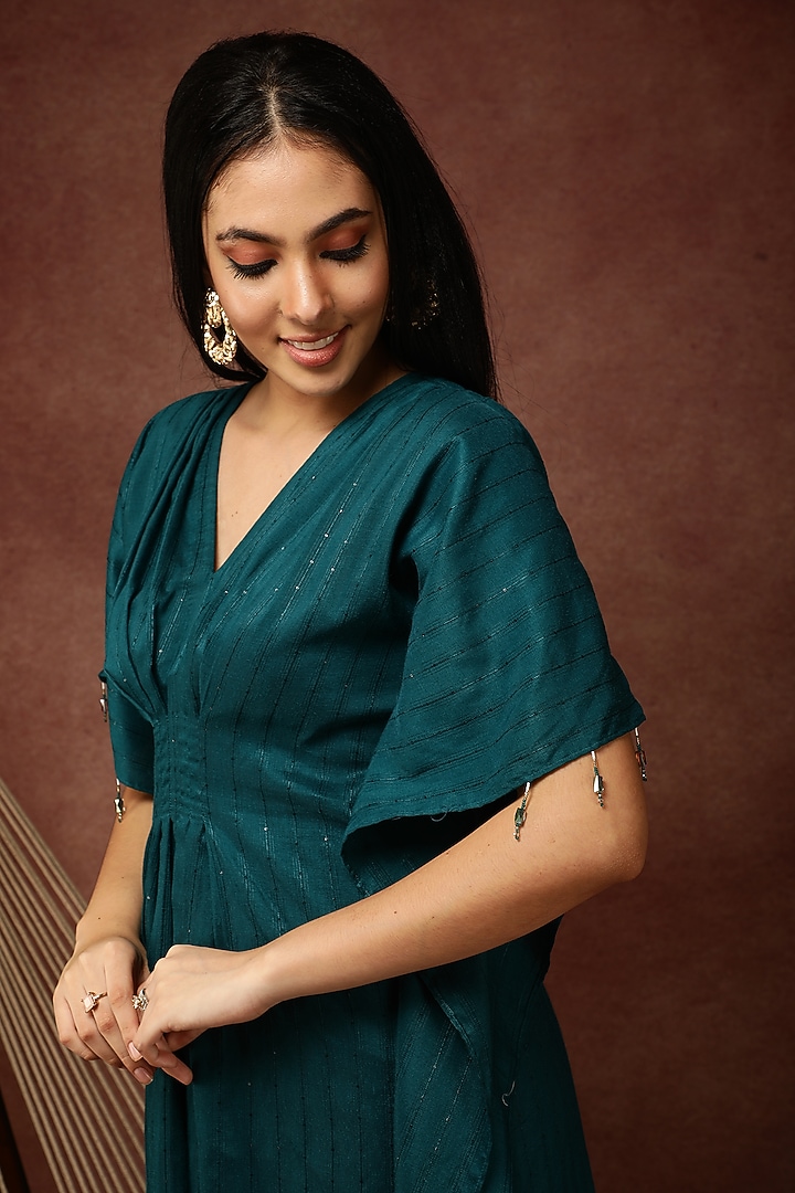 Teal Green Semi Silk Kaftan Set by Ranng at Pernia's Pop Up Shop