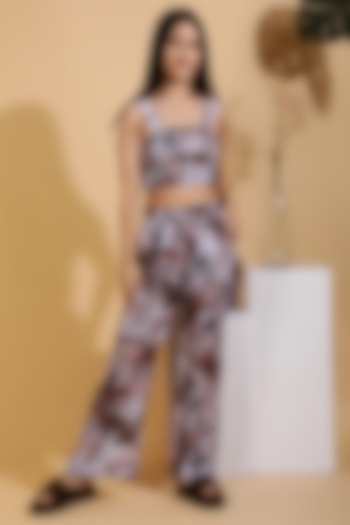 Brown Satin Abstract Printed Co-Ord Set by Ranng