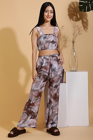 Brown Satin Abstract Printed Co-Ord Set by Ranng