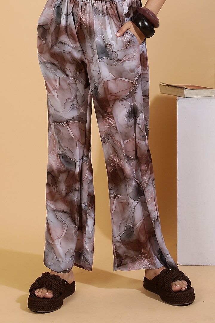 Brown Satin Abstract Printed Co-Ord Set by Ranng at Pernia's Pop Up Shop