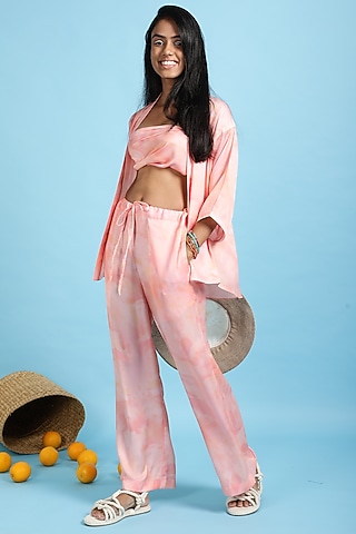 Peach Satin Printed Co-Ord Set by Ranng