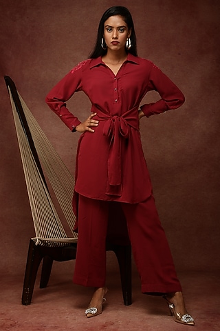 Red Spun High-Low Co-Ord Set by Ranng