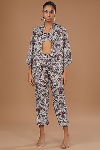 Dark Brown Luxury Satin Printed Co-Ord Set by Ranng